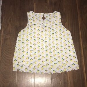 Lemon-Printed Scalloped Sleeveless White Blouse